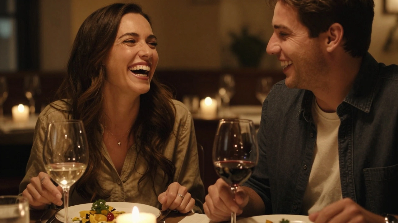 Pár se směje během večeře, žena otevřeně ukazuje zuby.