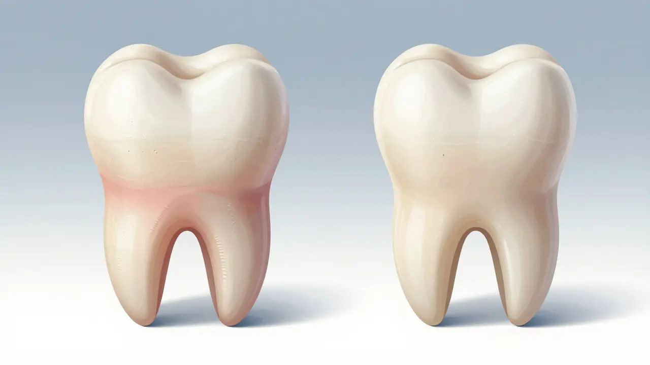 Porovnání hrubého a vyhlazeného povrchu zubu s vlivem na ústní sliznici.
