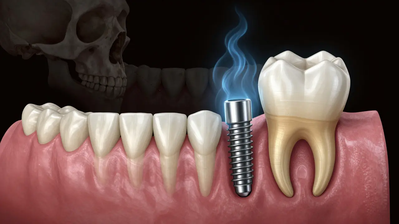 Porovnání zdravé kosti čelisti s resorpcí a implantátem v anatomické ilustraci.