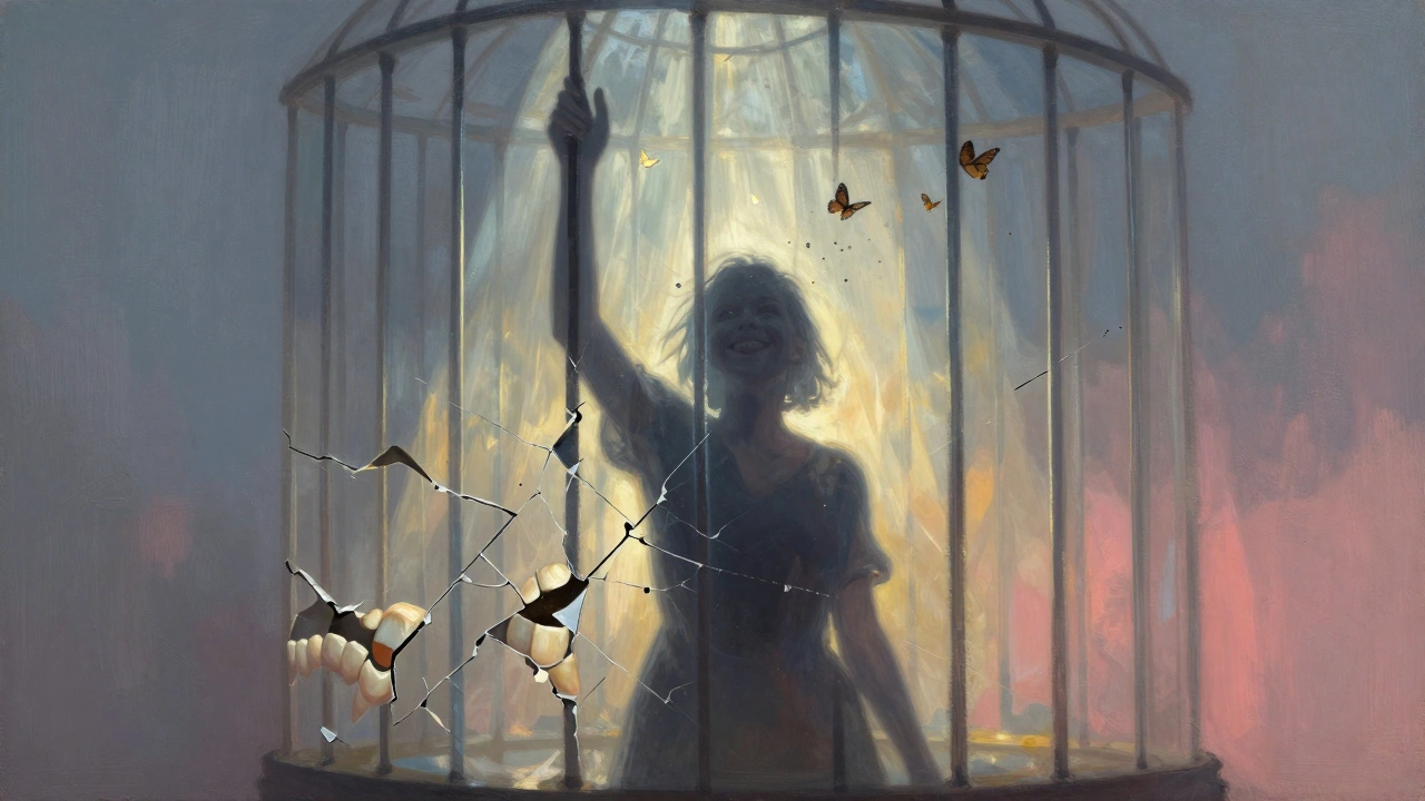 Postava vystupuje z klece z vyrovnávaných zubů, světlo a motýli ji osvobozují.