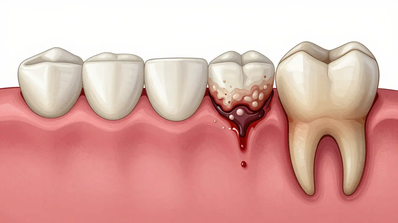 Postupné poškozování zubů od plaku až po ztrátu zubu a kosti.