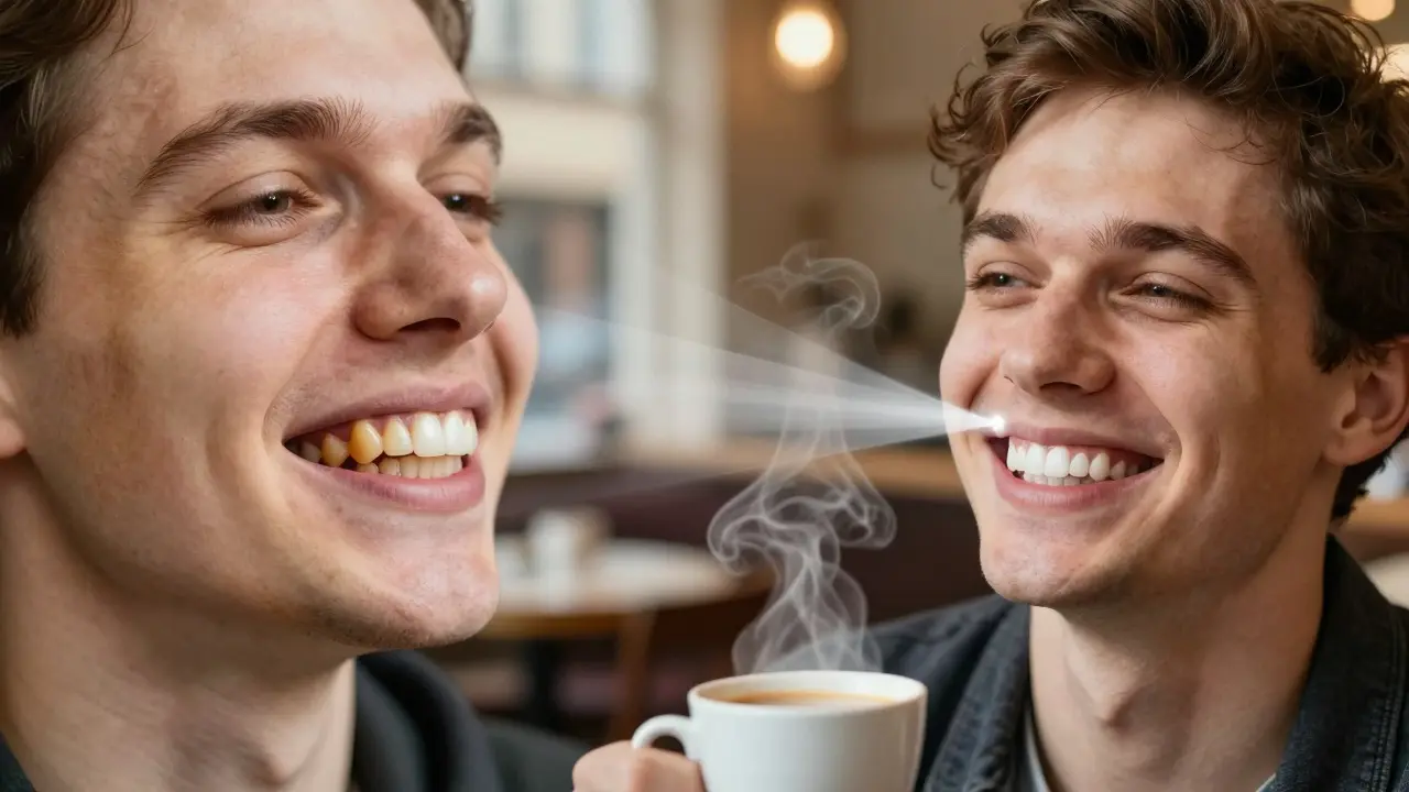 Před a po bělení zubů: tmavé zuby vlevo, jasně bílé zuby vpravo, stejná osoba se smíchem.