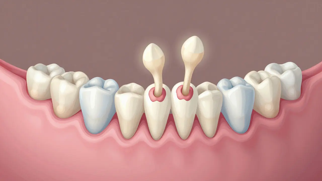 Příčný řez čelisti ukazující skryté zárodky trvalých zubů pod mléčnými zuby.