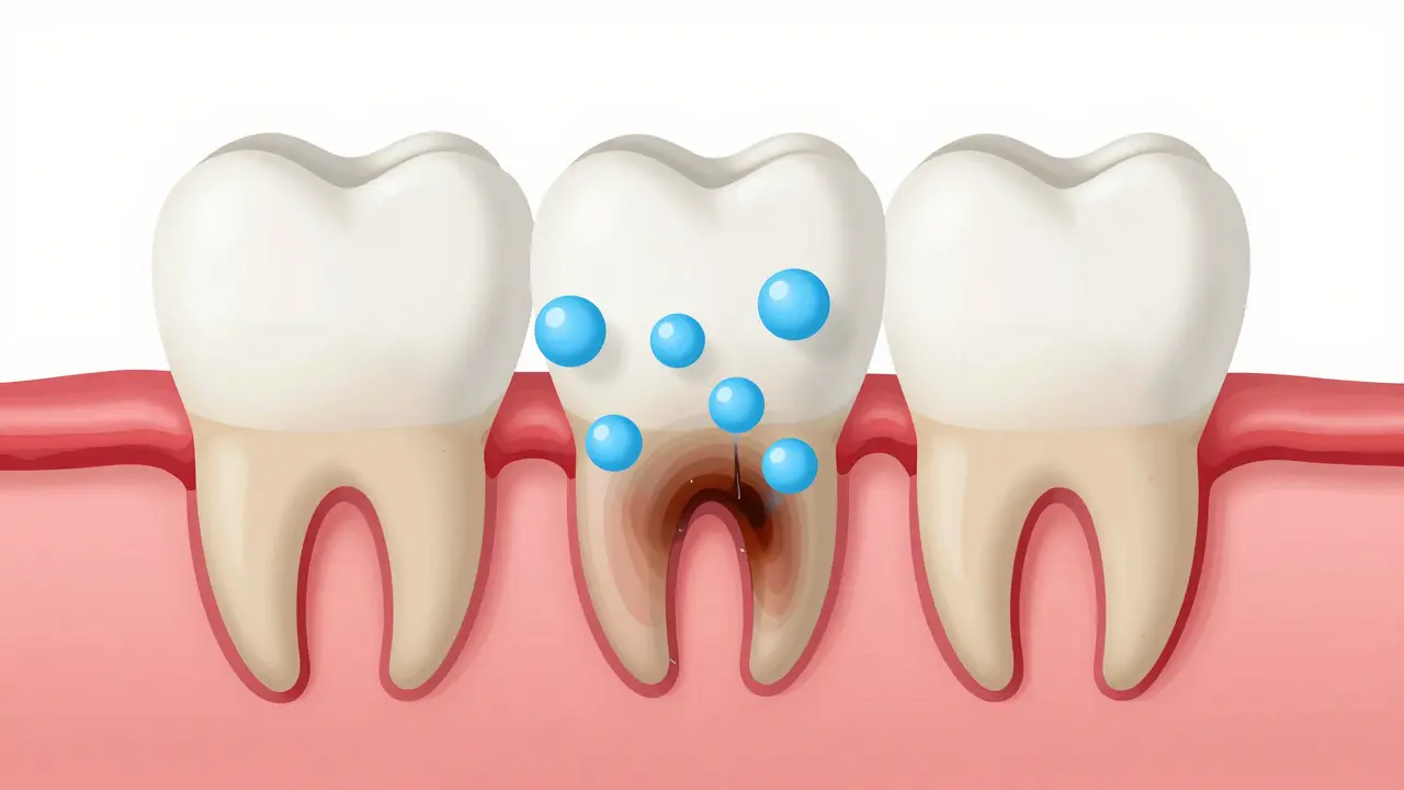 Příčný řez zubem s pronikáním peroxidu do sklovinky.