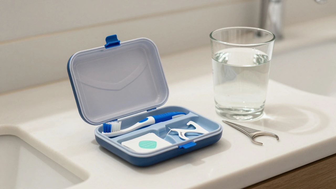 Příprava potřeb pro péči o rovnátka: kartáček, nit a vosk.