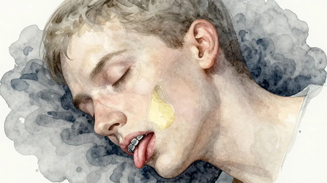 Profily hlavy s anatomickým zobrazením jazyka tlačeného zpět kvůli pevným rovnátkům a zúženému dýchacímu průchodu.