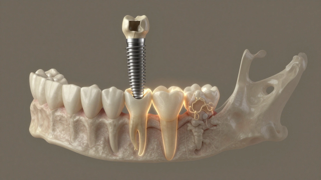 Řez lidské čelisti s implantátem spojeným s kostí a zdravou kostí kolem.