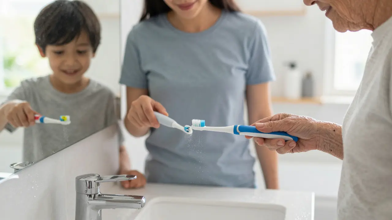 Rodina používá sonické kartáčky — dítě, dospělý a starší osoba v koupelně.