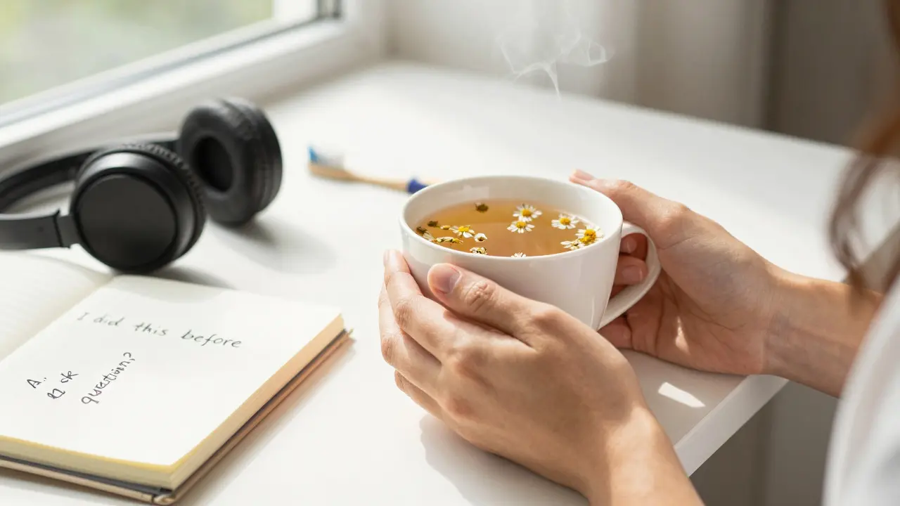 Ruce držící čaj z kamile s poznámkami před návštěvou zubaře.