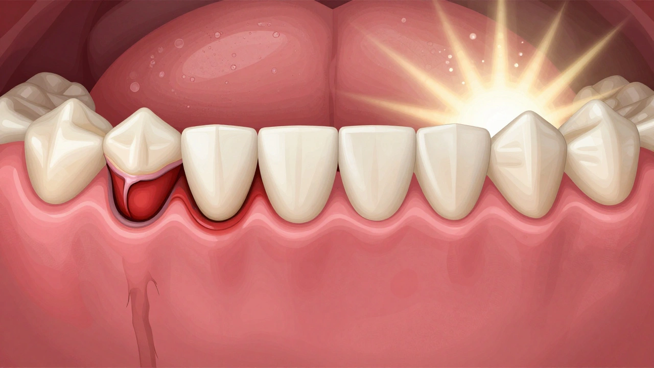 Srovnání nemocných a zdravých dásní: krvácení a ztráta kosti vs. zahojené, pevné dásně.