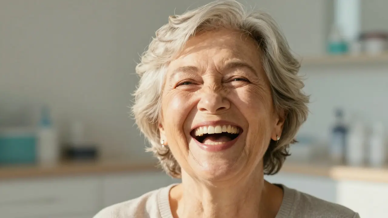 Stará žena se směje otevřeně, její tvář je plná a přirozená po implantaci.