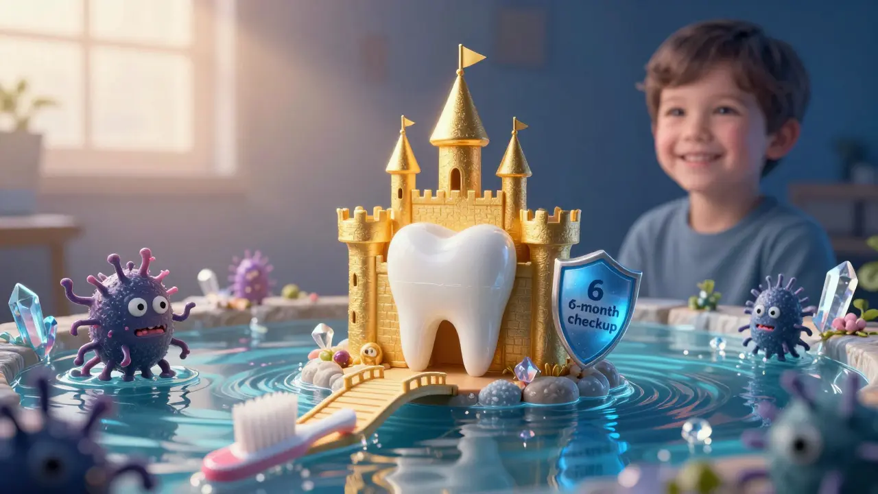 Symbolická scéna: mléčný zub jako zámek chráněný fluoridem a pravidelnými návštěvami.