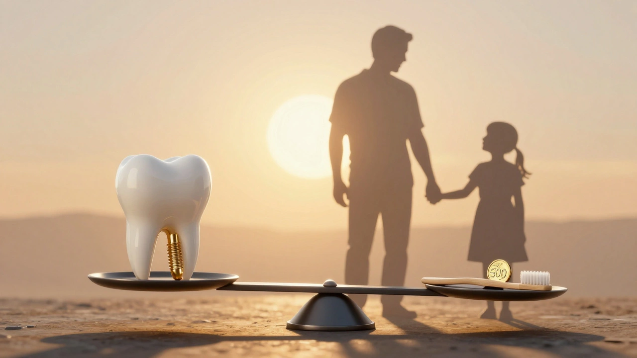 Váha s implantátem a zubní kartáček symbolizující náklady prevence vs. léčby.