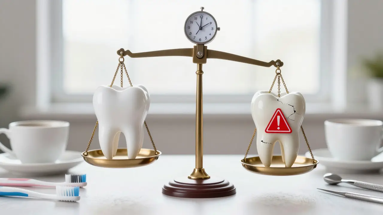 Váha ukazující rovnováhu mezi bezpečným a příliš častým bělením zubů.