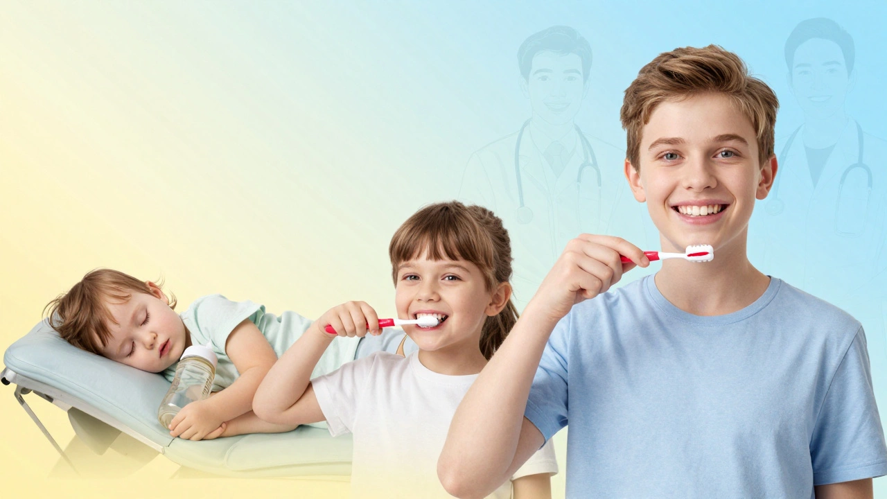 Vizualizace cesty dítěte od první návštěvy k zdravému úsměvu v dospělosti.