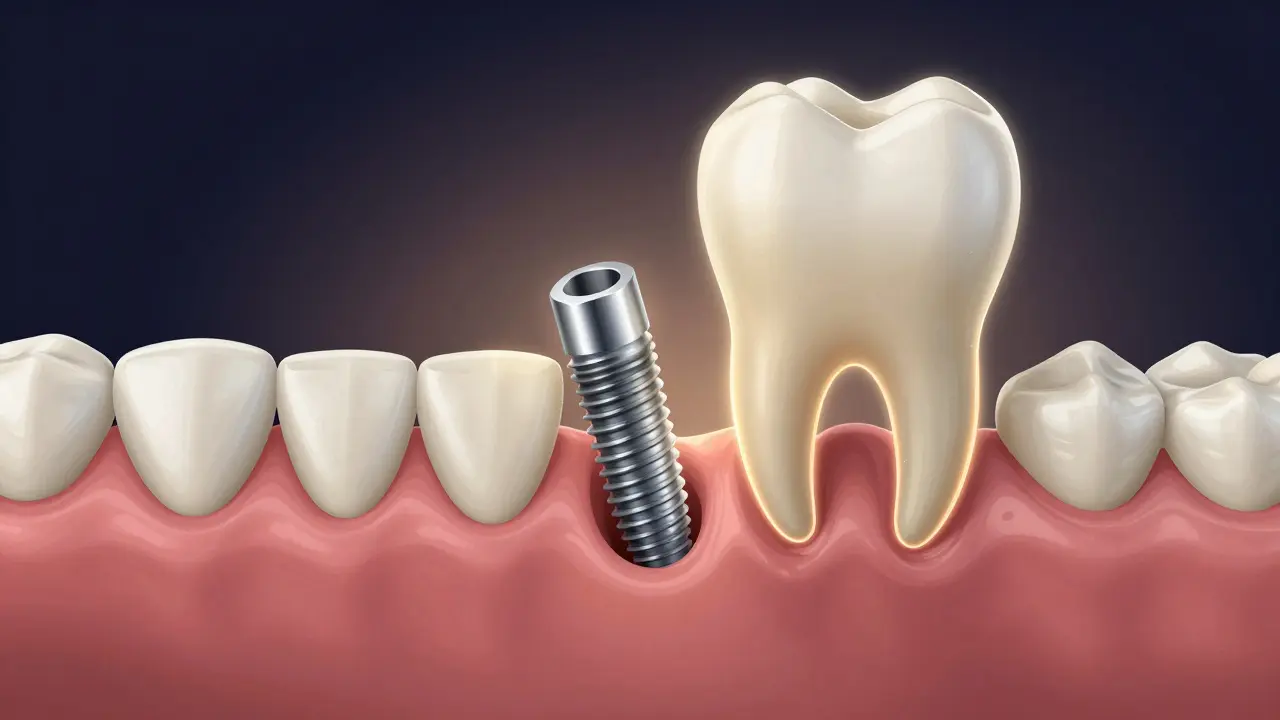 Zdravý implantát je vkládán do čelisti po odstranění poškozeného zubu.