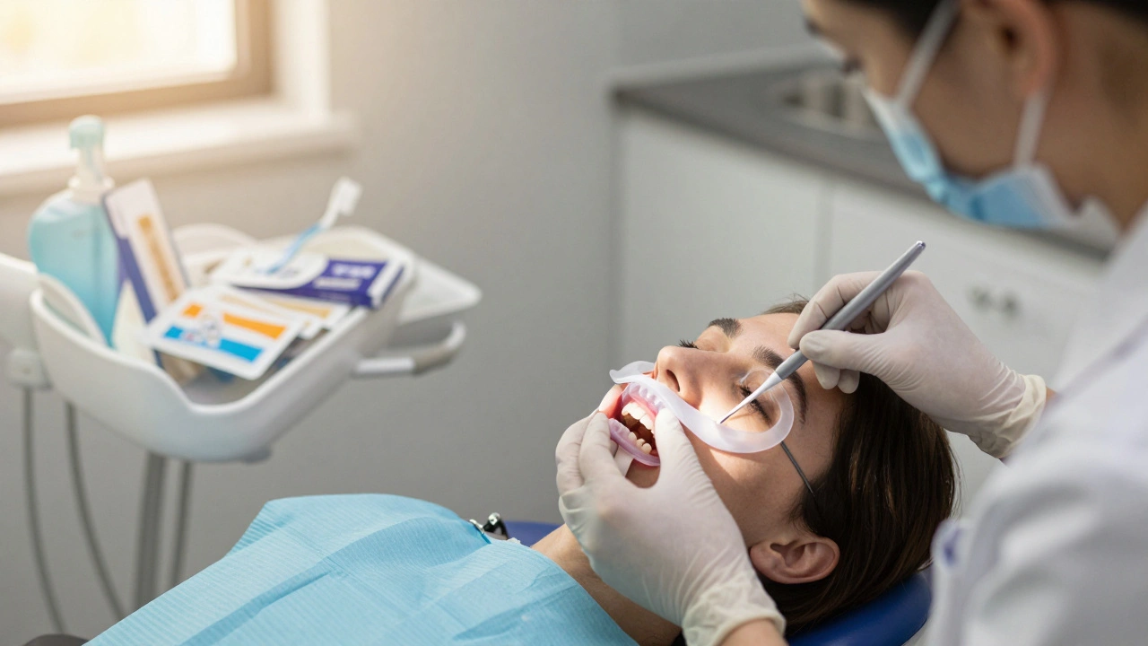 Zubař aplikuje ochranný štít před profesionálním bělením, zatímco na pozadí jsou domácí sady na bělení.