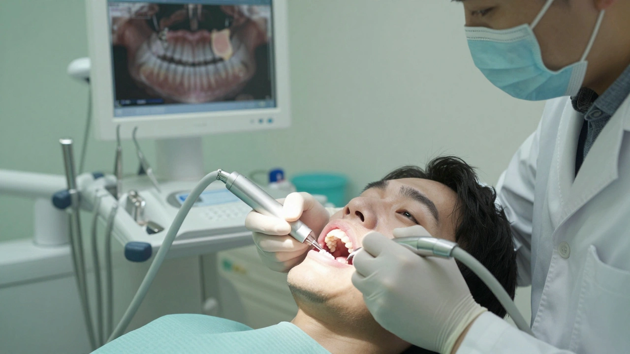 Zubař odstraňuje zubní kámen pomocí ultrazvukového přístroje v klinice.