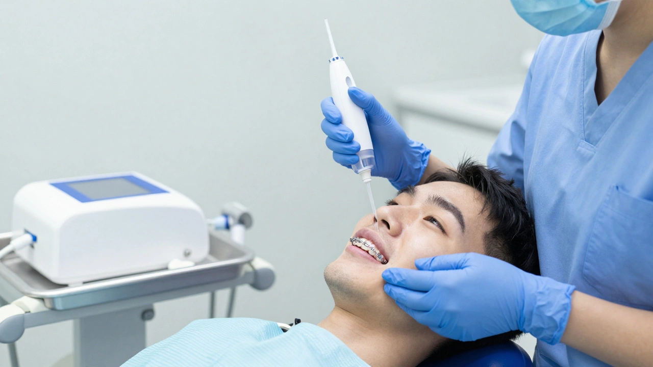 Zubní hygienistka ukazuje pacientovi s ortodontickým aparátem, jak používat vodní čističku.