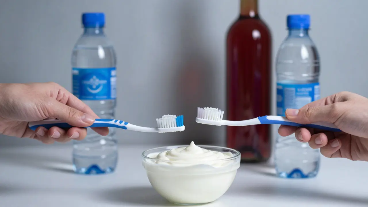 Zubní kartáček a jogurt vedle vody, káva a červené víno jsou v pozadí.