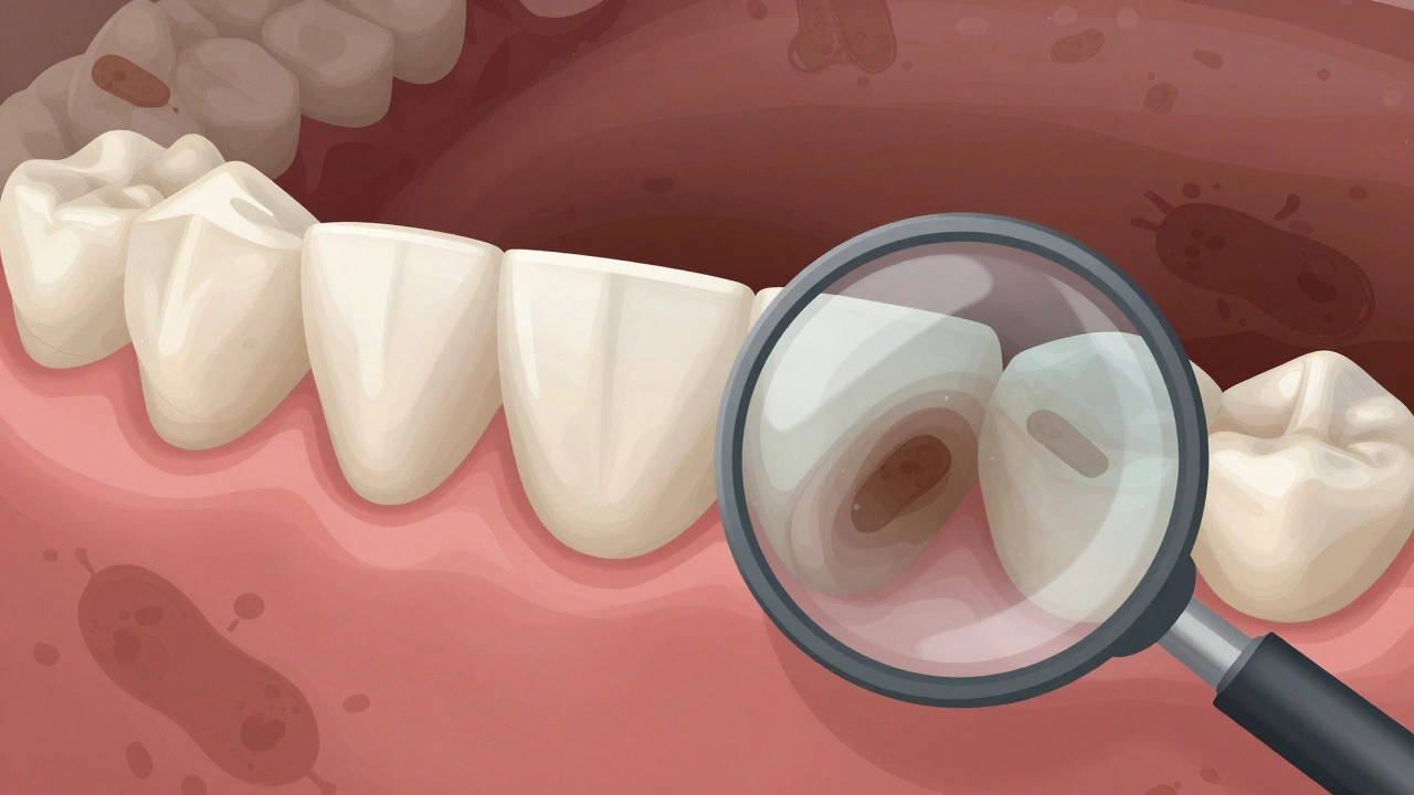 Zvětšený pohled na nánosy plaku a zubního kamene na zubech, postupné ztuhnutí bakterií.