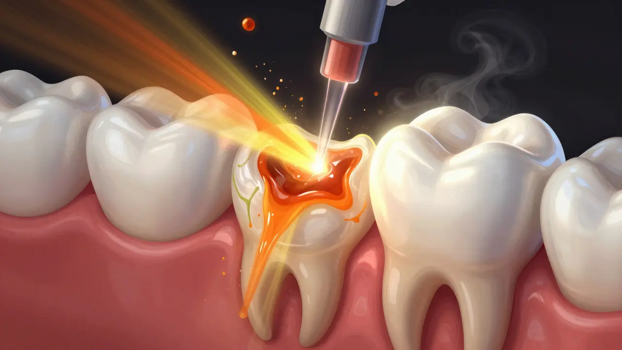 Zvětšený pohled na vnitřní strukturu zubu během laserového bělení, kde se pigmenty rozkládají pod vlivem laseru.