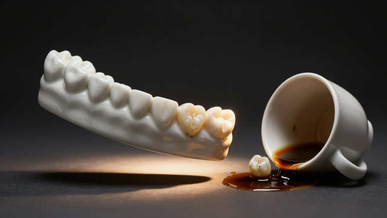 A ceramic dental restoration aging over time compared to a stained composite filling.