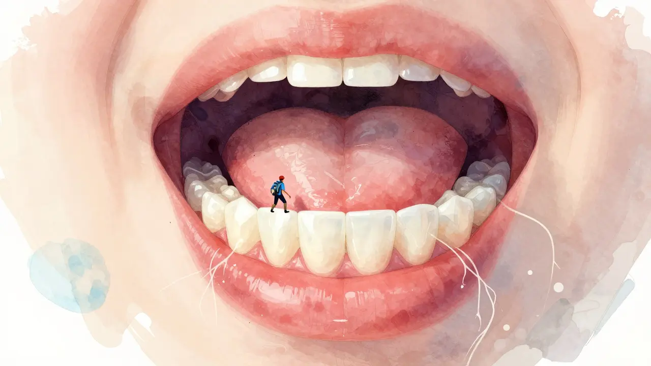 Abstraktní znázornění jazyka, který mapuje nové zubní fazety jako neznámý terén.