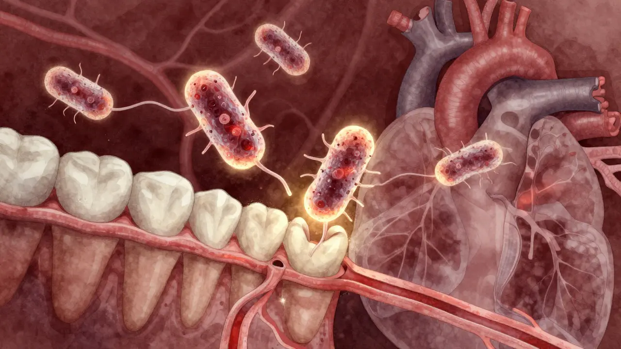 Bakterie z kámenu pod dásní se šíří krví do srdce a plic, znázorněno jako světelné vlny.