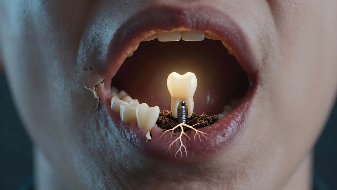 Chybějící zub v čelisti s implantátem jako symbolem obnovy.