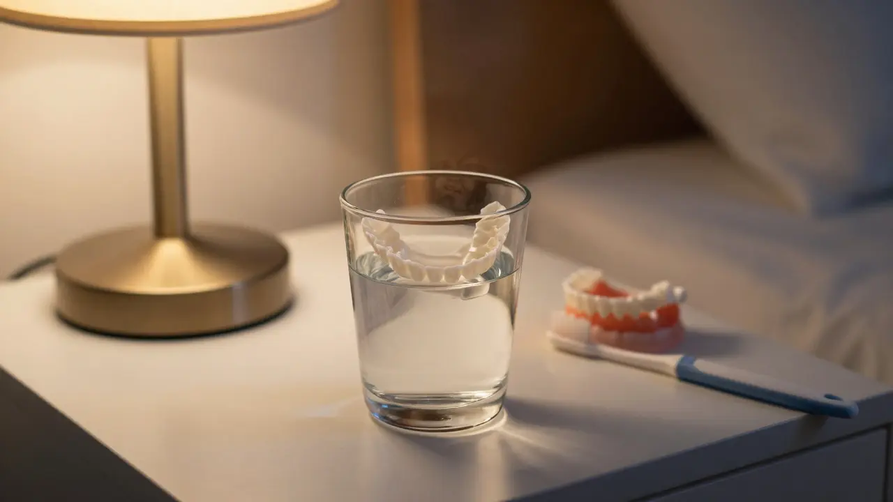 Čisté náhradní zuby leží ve sklenici vody na nočním stolku ve večerním světle.