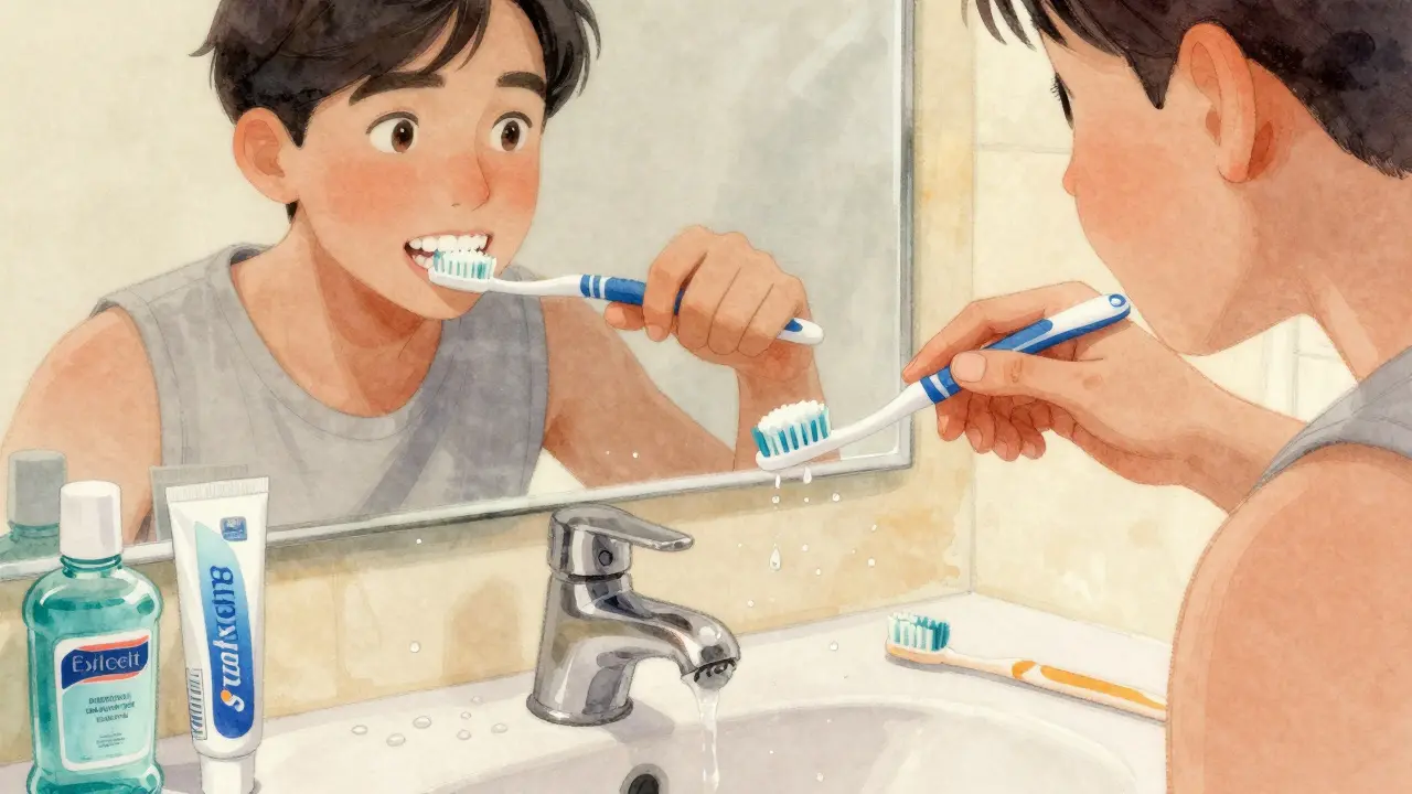 Člověk čistí zuby měkkým kartáčkem pod úhlem 45 stupňů k dásni.