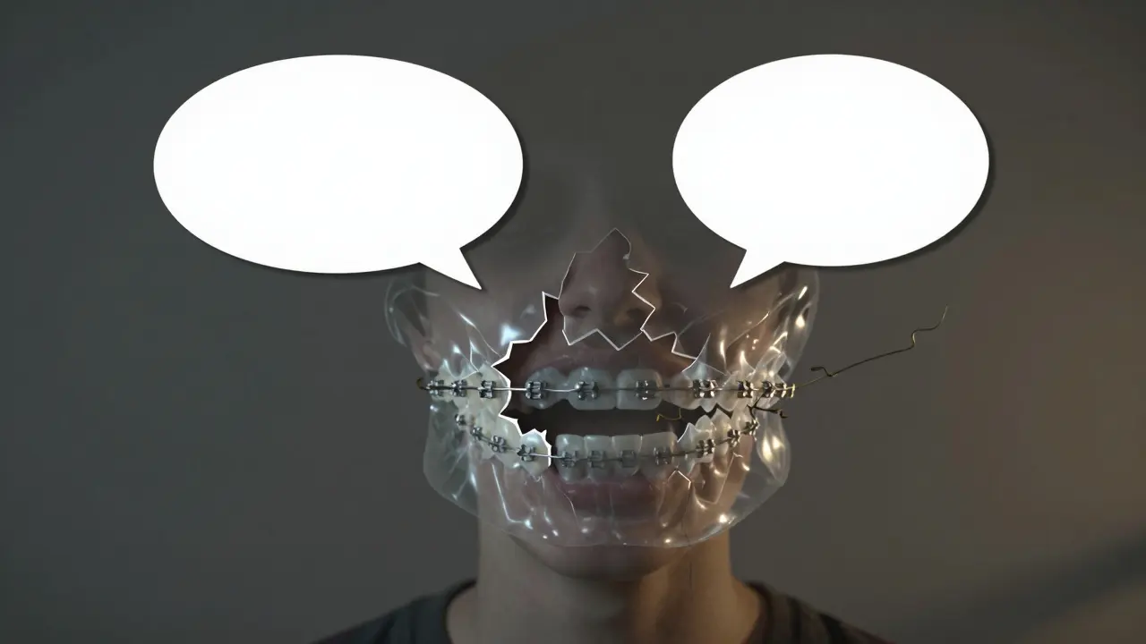 Člověk mluví, ale jeho řeč je zkreslená, zatímco čelist se postupně opravuje.