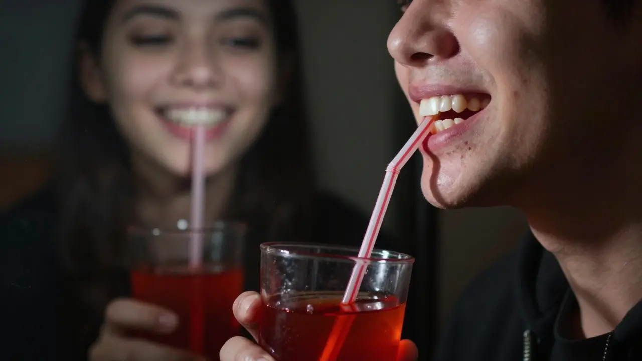 Člověk pije červenou kolu přes slámku, zuby se postupně tmaví v odrazu zrcadla.