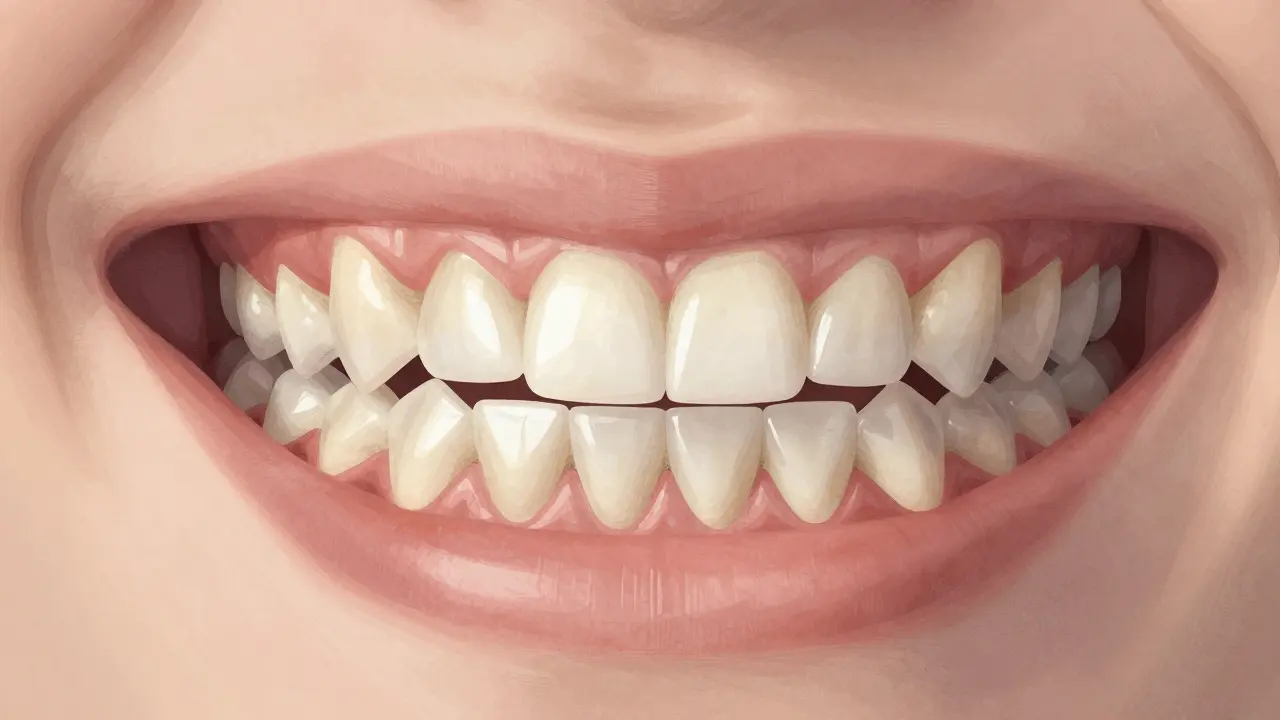Cross-section of jaws showing healthy versus deep overbite tooth contact.