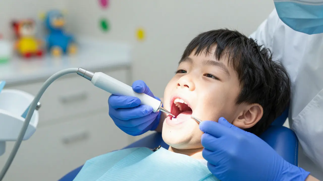 Dětský stomatolog odstraňuje zubní kámen ultrazvukovým přístrojem.