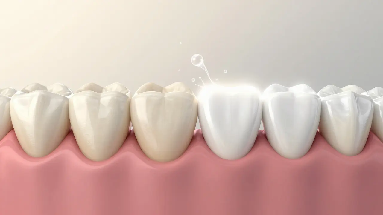 Dvě sady zubů: jedny žlutavé, druhé bílé, s chemickými částicemi mezi nimi.