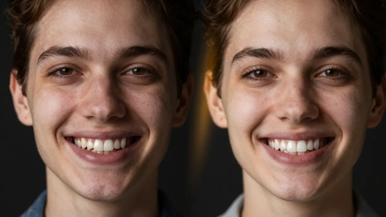 Dvě strany stejné osoby: před a po instalaci fazet na zuby.