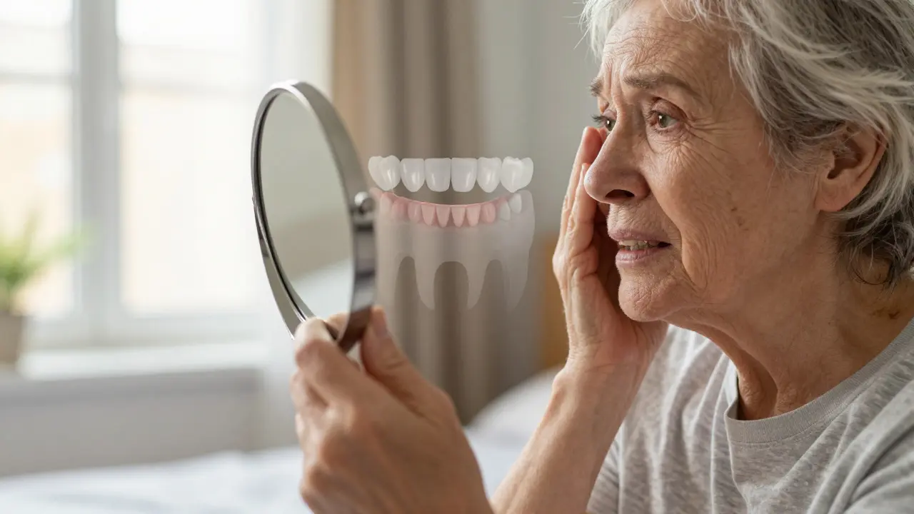 Elderly person examining worn-down teeth in a mirror with faded ideal bite overlay.