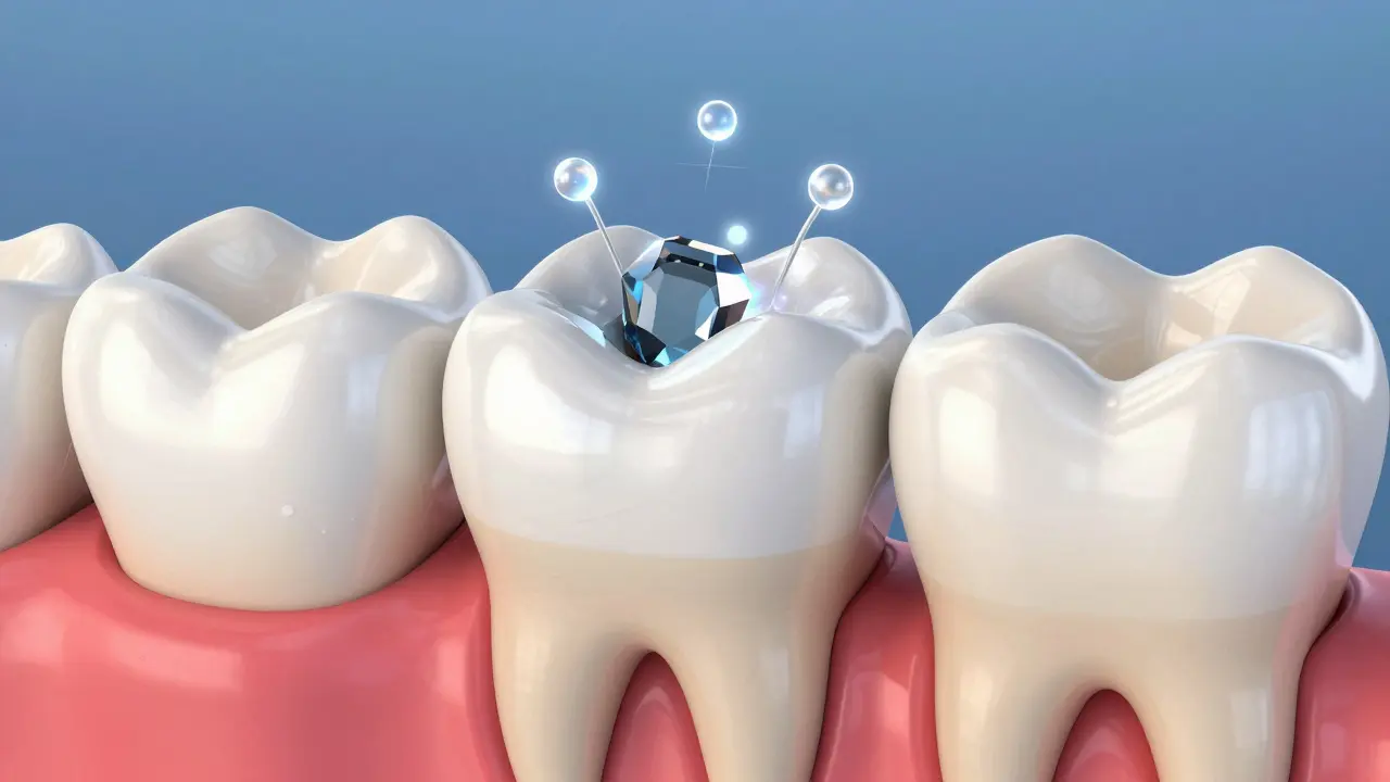 Konceptuální znázornění inlay jako přesně vyrobeného prvku v zubu.
