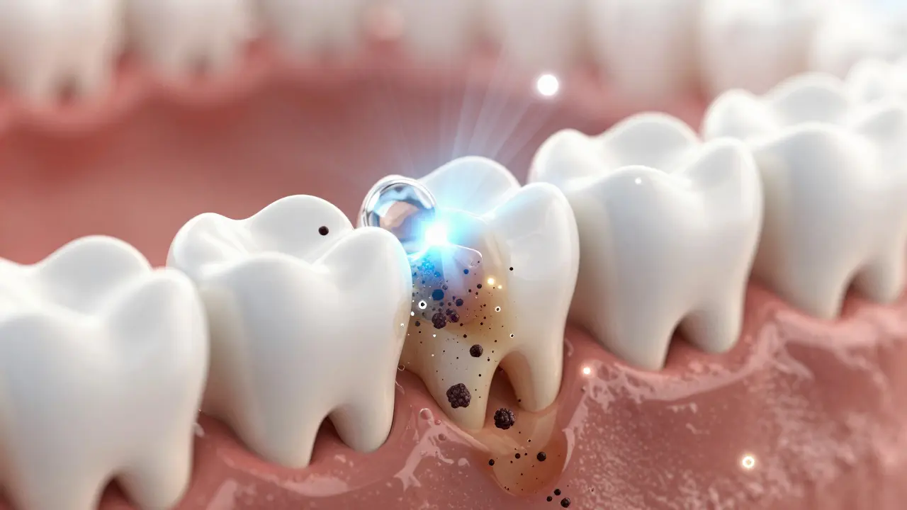 Magnified view of tooth enamel with peroxide molecules releasing oxygen to break down stains under laser light.