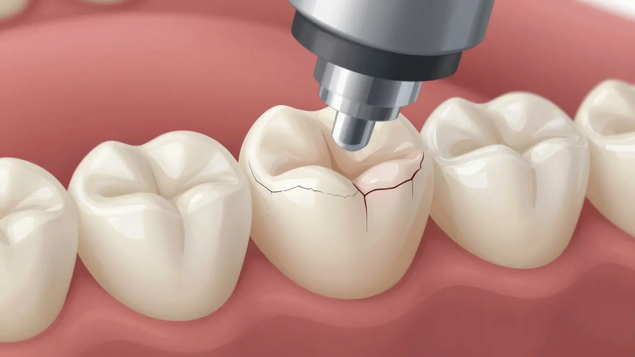 Microscopic view of a ceramic filling with early cracks from teeth grinding.