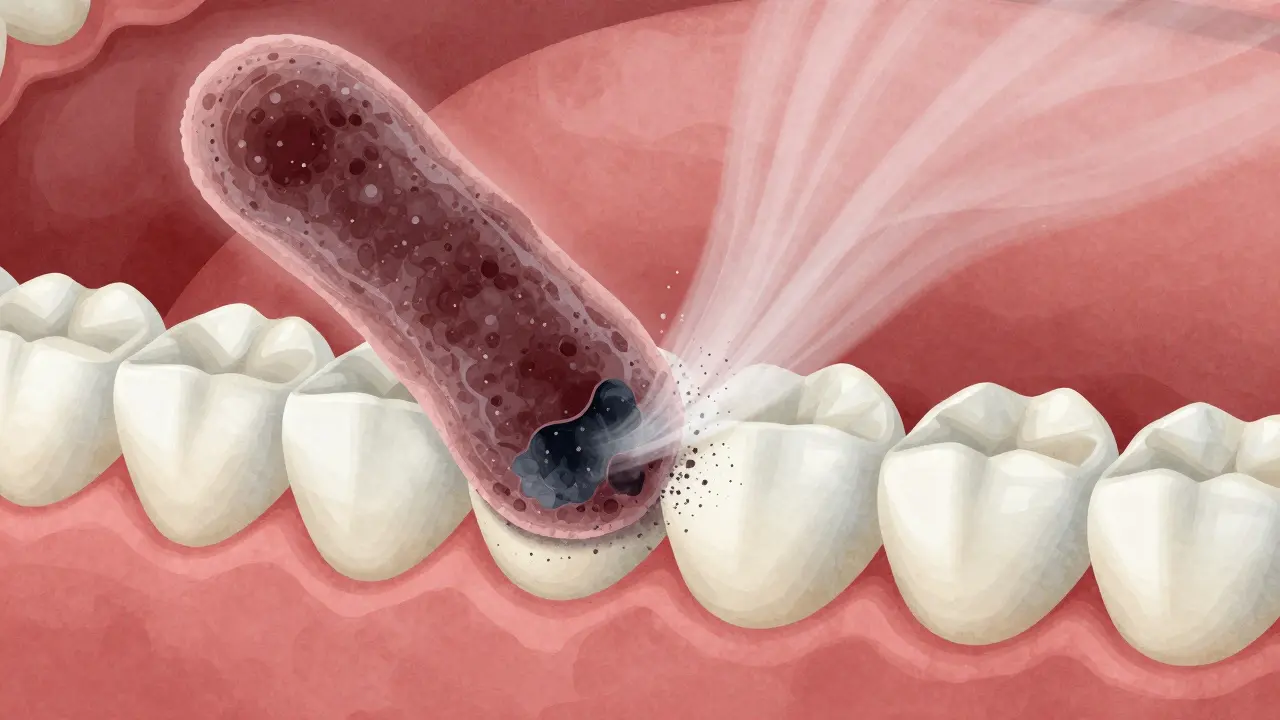 Mikroskopický pohled na odstranění zubního plaku a kamene pomocí airflow.