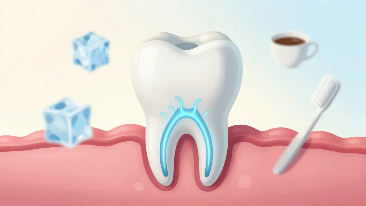 Mikroskopický řez zubem s otevřenými kanálky, které vedou k nervu, s ikonami studených a horkých potravin.
