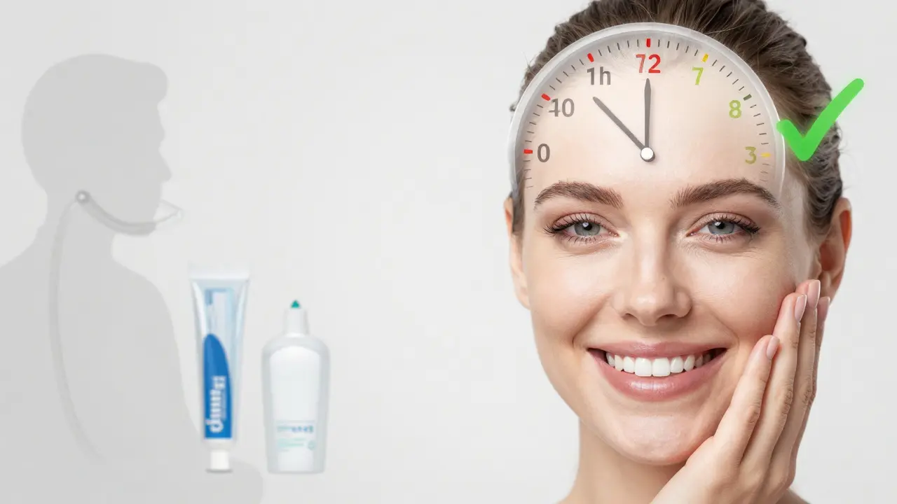 Osoba se bílými zuby a průběžným časem 0–72 hodin, symbolizujícím zmírnění citlivosti po bělení.