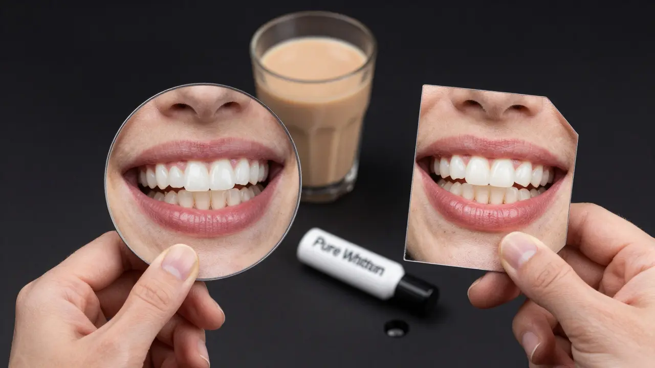 Porovnání tmavých a bílých zubů před a po bělení s nápoji, které způsobují zabarvení.
