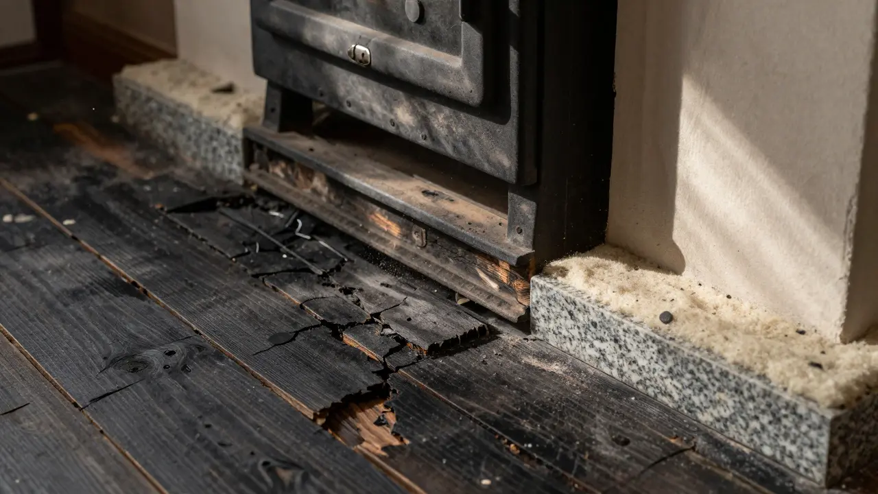 Poškozená dřevěná podlaha pod starými kamny v kontrastu s novou bezpečnou podložkou.