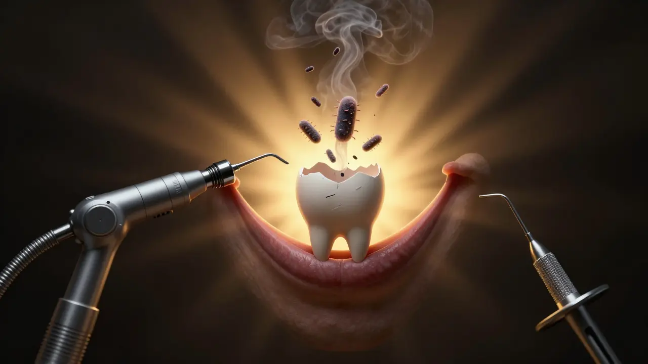 Prasklý přední zub, z něhož vychází bakterie, zatímco léčebné nástroje zasahují