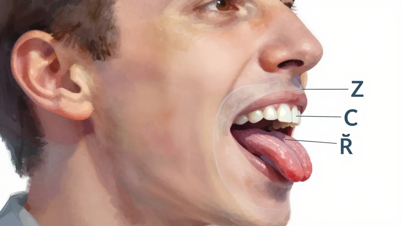 Profily hlavy s přehledem polohy jazyka a překážky předkusu pro výslovnost hlásek.