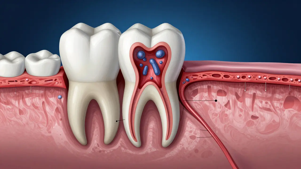 Průřez čelisti s infikovaným zubem a hnisem u kořene